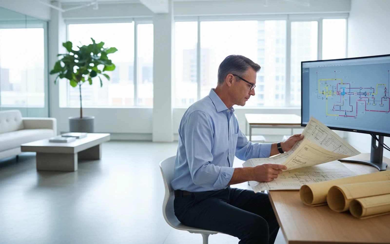 An engineer at a desk reviewing a rolled legacy drawing beside a monitor showing a colour-coded P&ID.