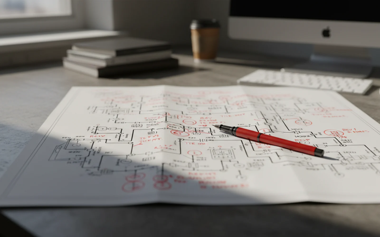 A printed engineering P&ID marked up with red revision annotations, a red pen resting on it.