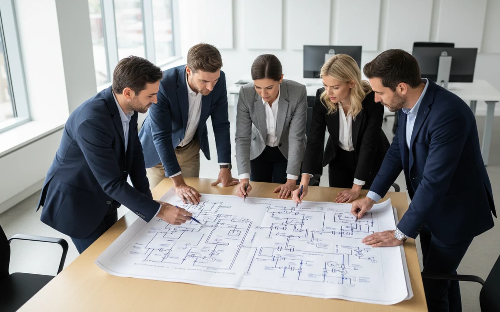 A team of engineers gathered around a large printed P&ID on a table, reviewing it together.