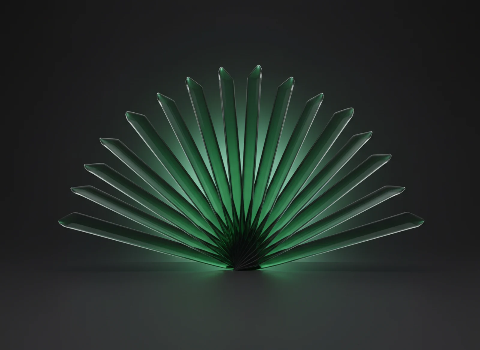 A premium 3D render of a fan of translucent forest-green glass blades.