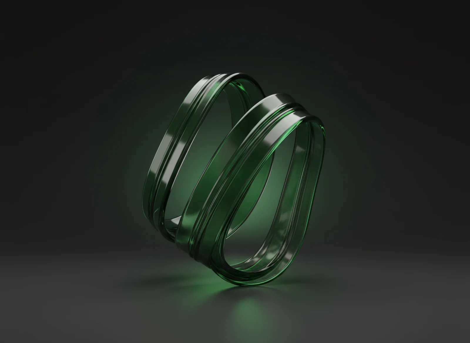 A premium 3D render of translucent forest-green ribbons flowing together.