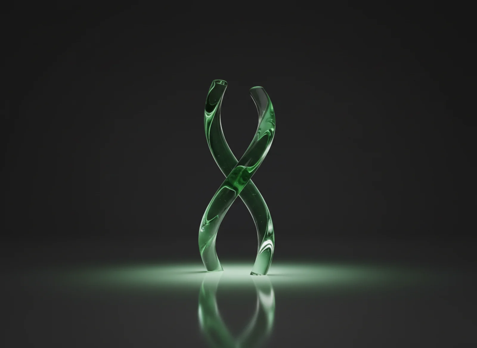 A premium 3D render of a translucent forest-green glass helix.