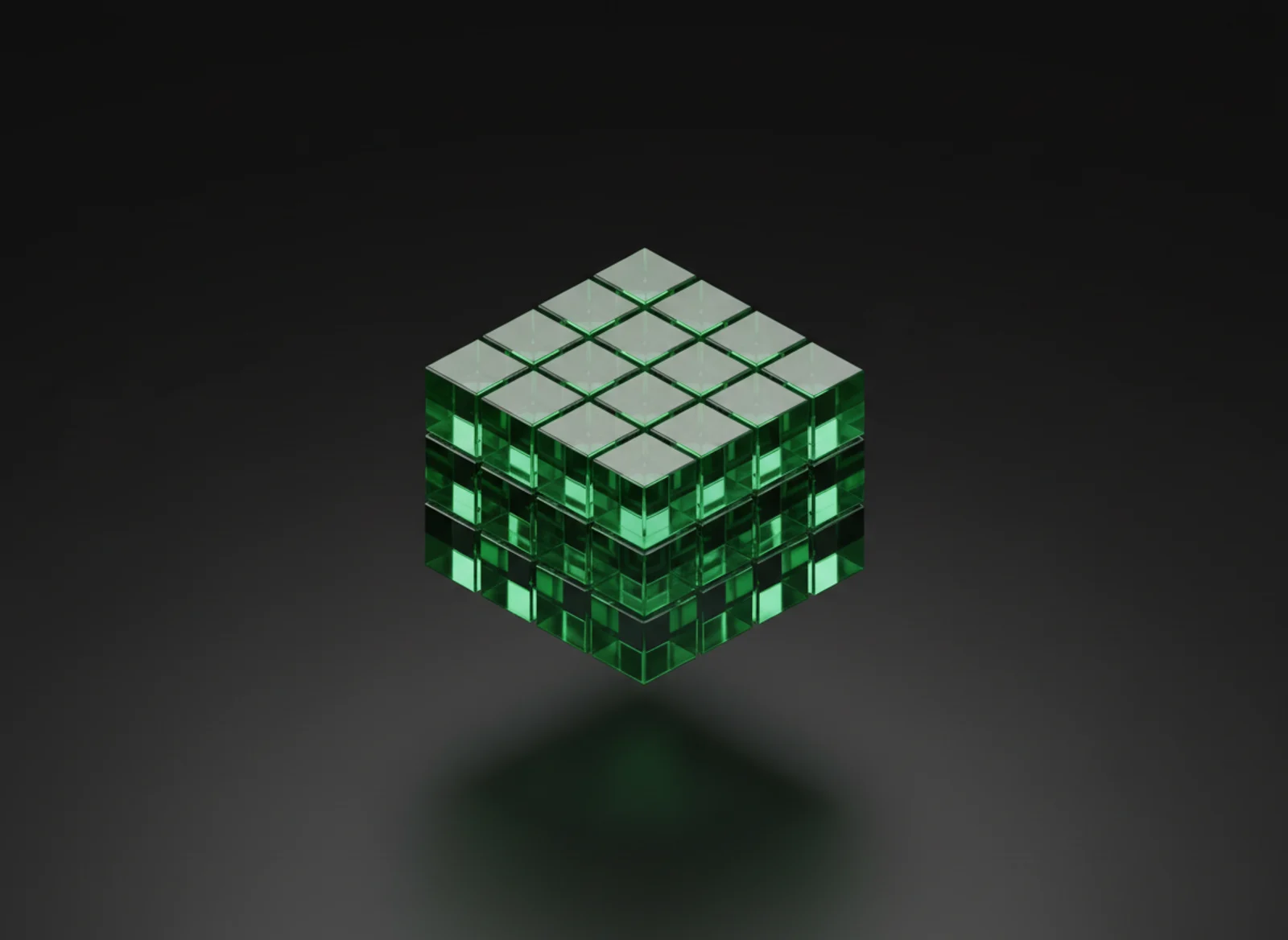 A premium 3D render of translucent forest-green glass cubes in a connected lattice.