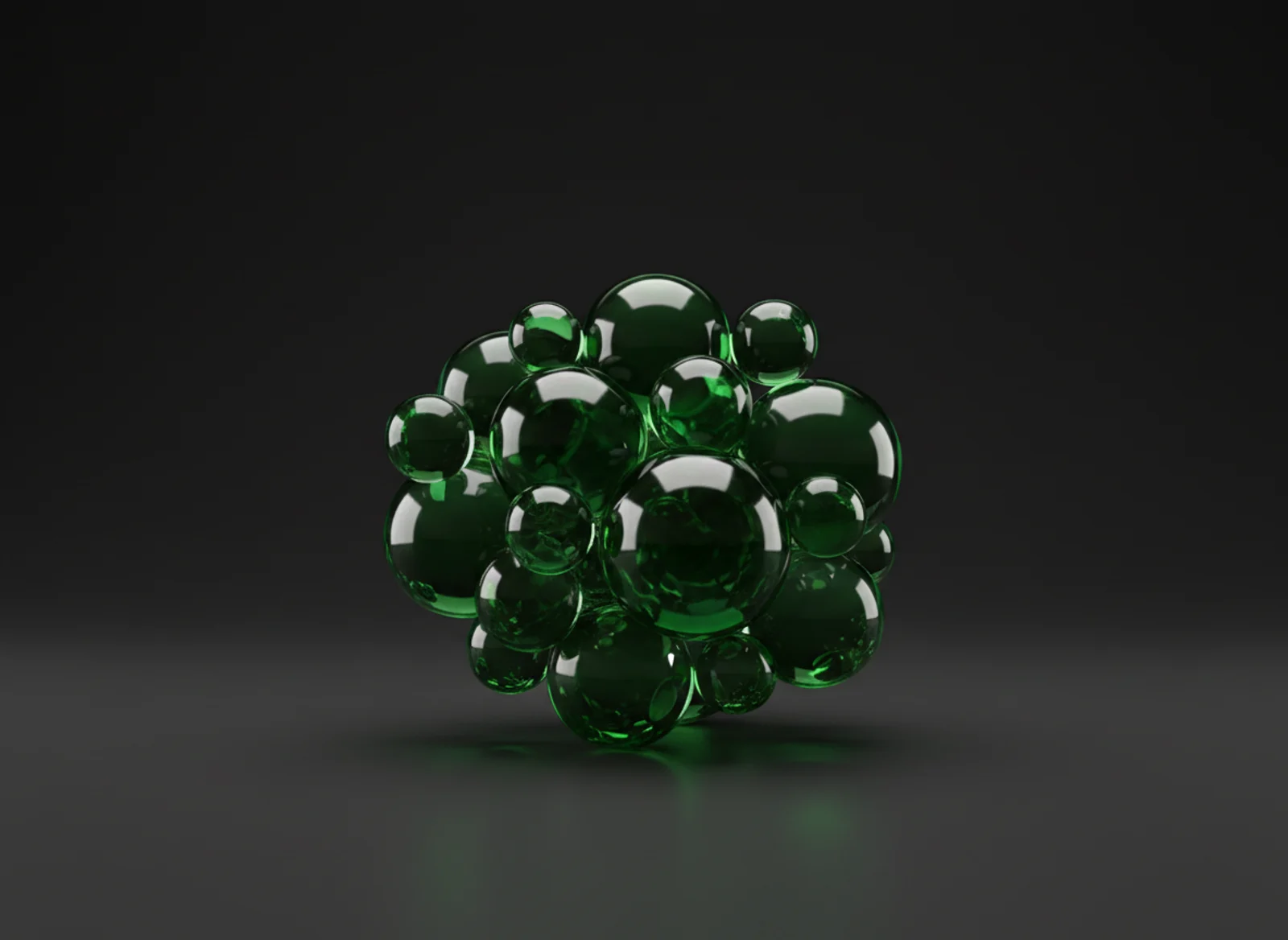 A premium 3D render of a cluster of translucent forest-green glass spheres.