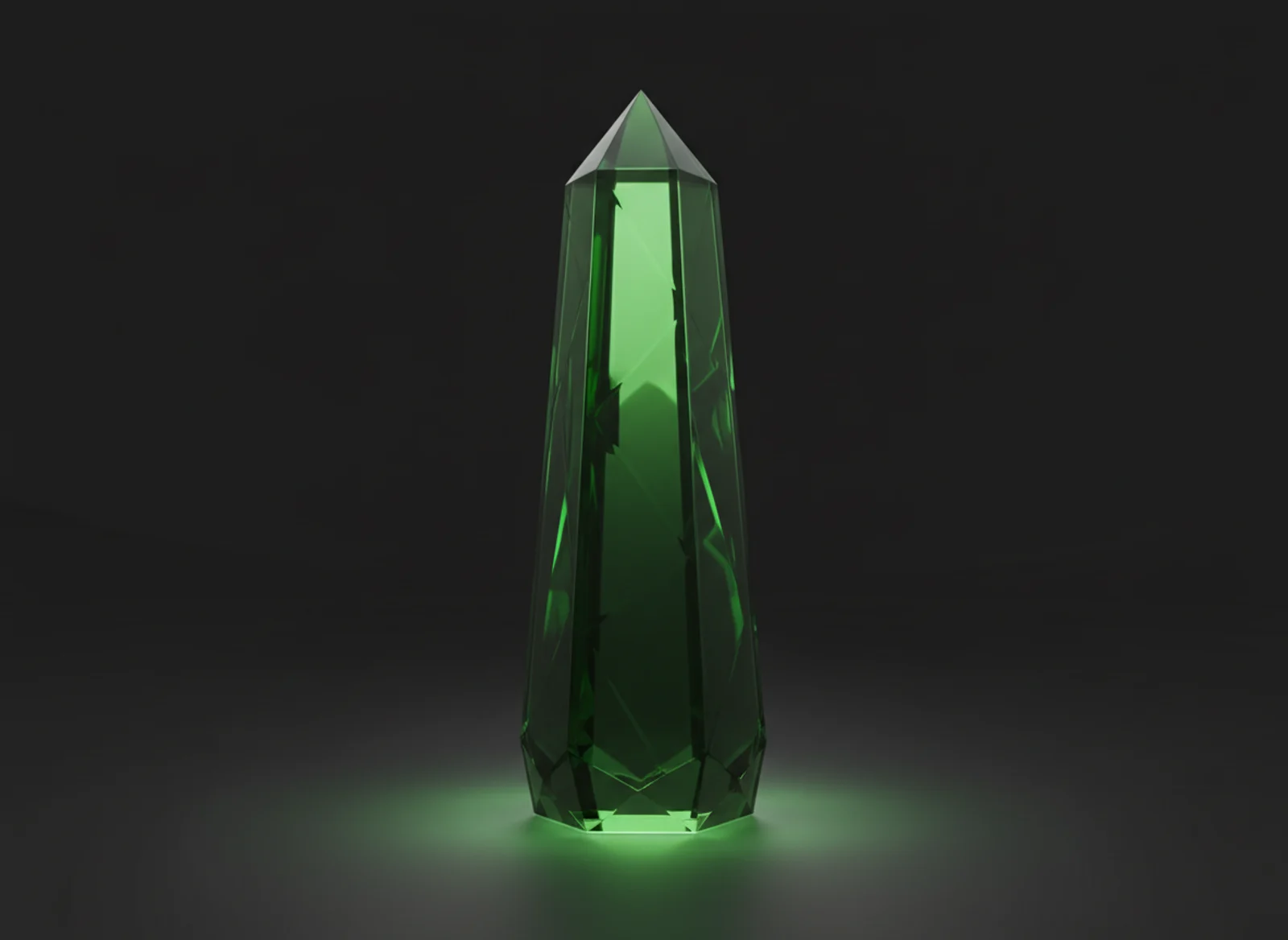 A premium 3D render of a faceted translucent forest-green glass prism.