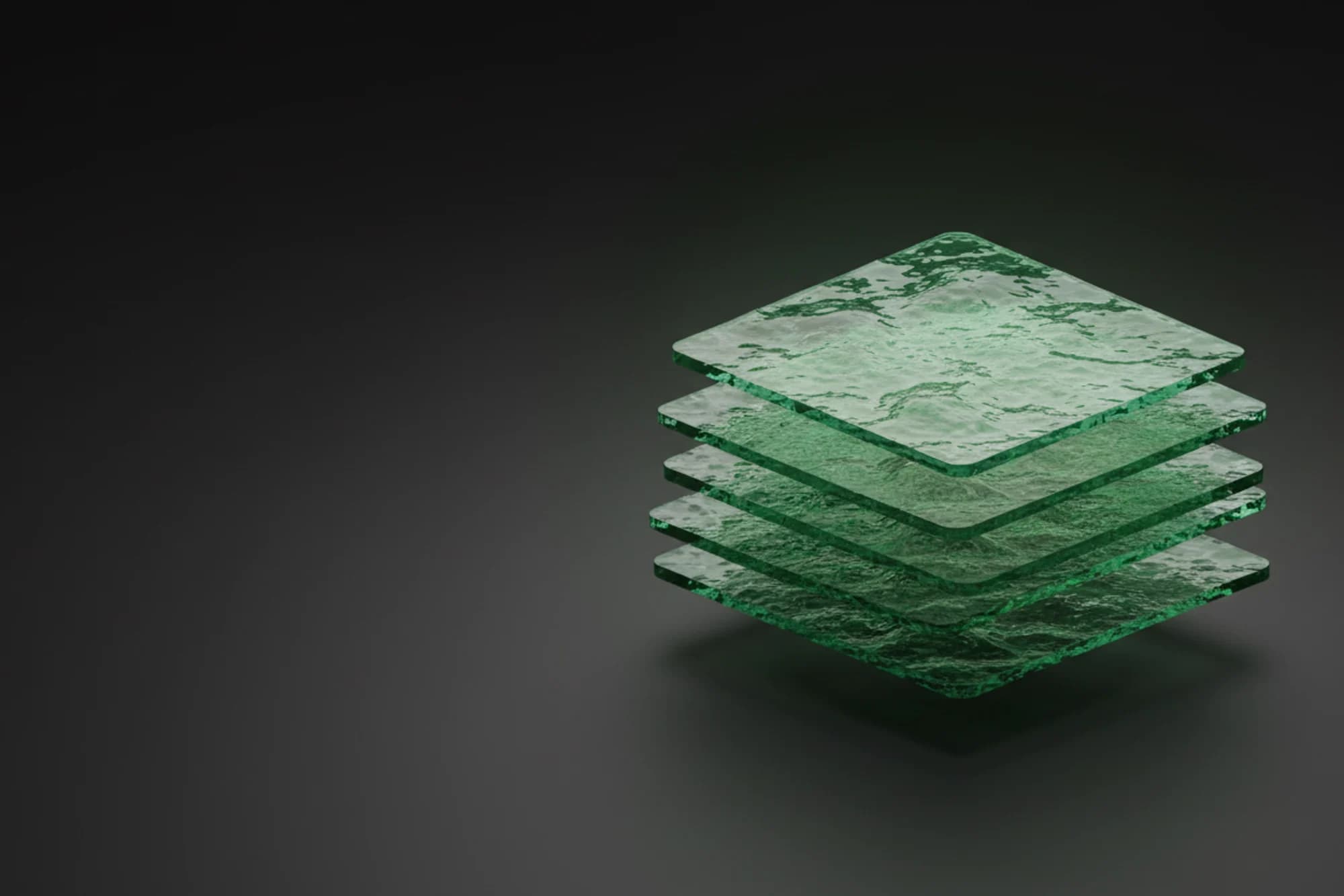 A premium 3D render of translucent forest-green layers stacked like registers.
