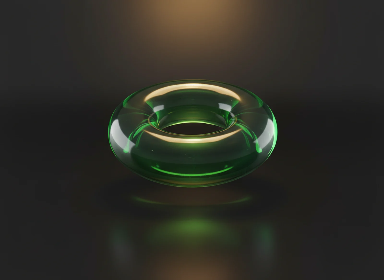 A premium 3D render of a translucent forest-green glass torus ring.