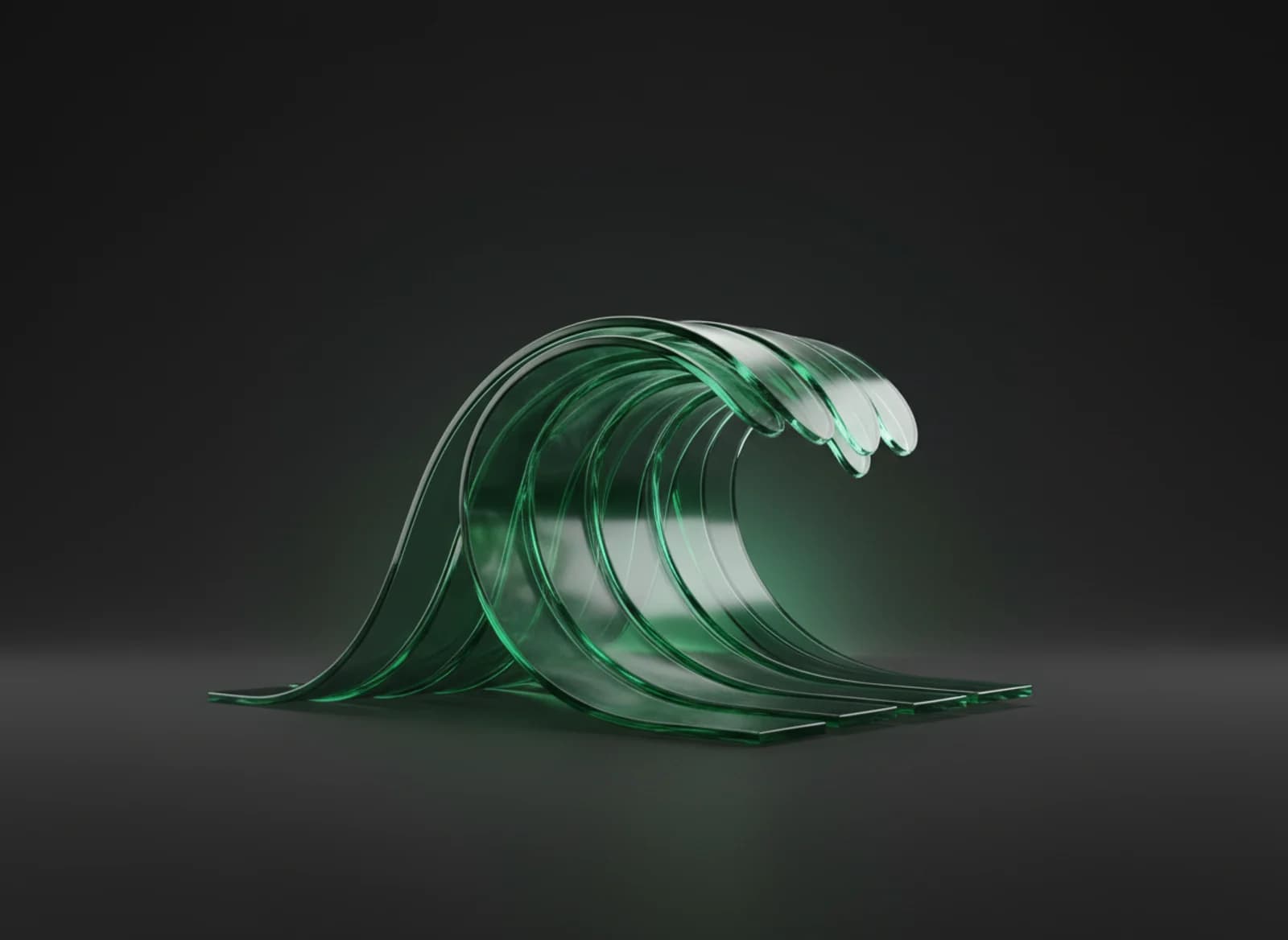 A premium 3D render of layered translucent forest-green wave surfaces.