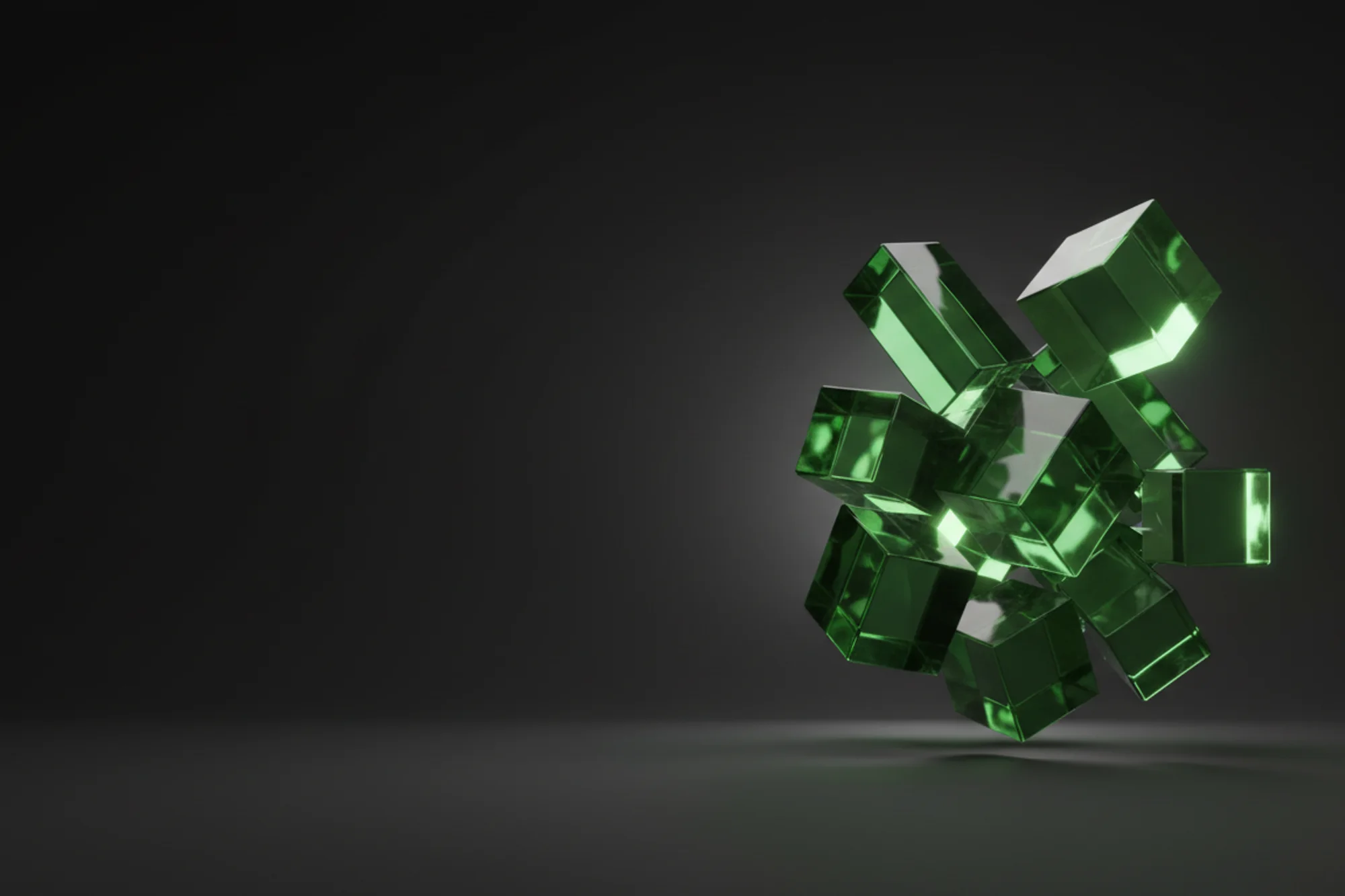 A premium 3D render of translucent forest-green glass cubes clustered on a dark background.