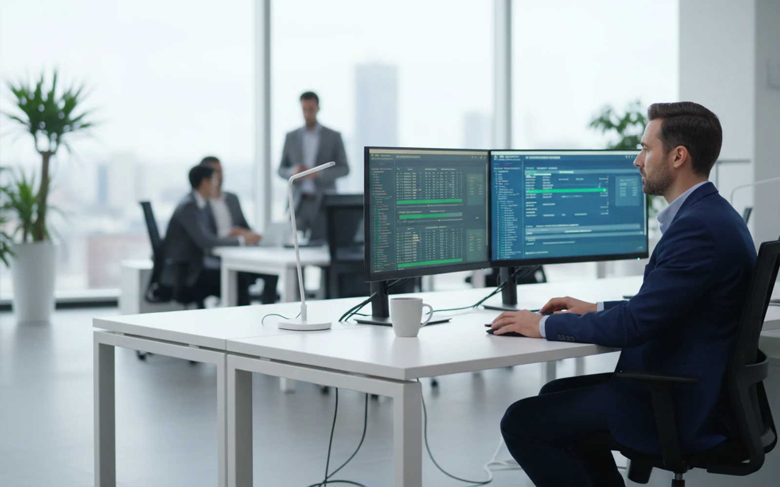 An engineer reviewing register data on dual monitors in a bright modern office.
