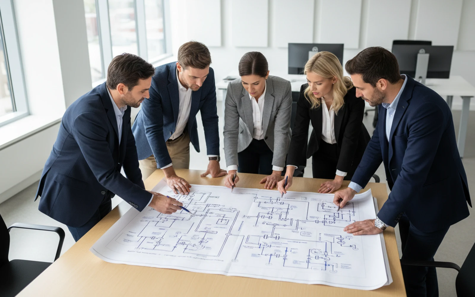 A team of engineers gathered around a large printed P&ID on a table, reviewing it together.