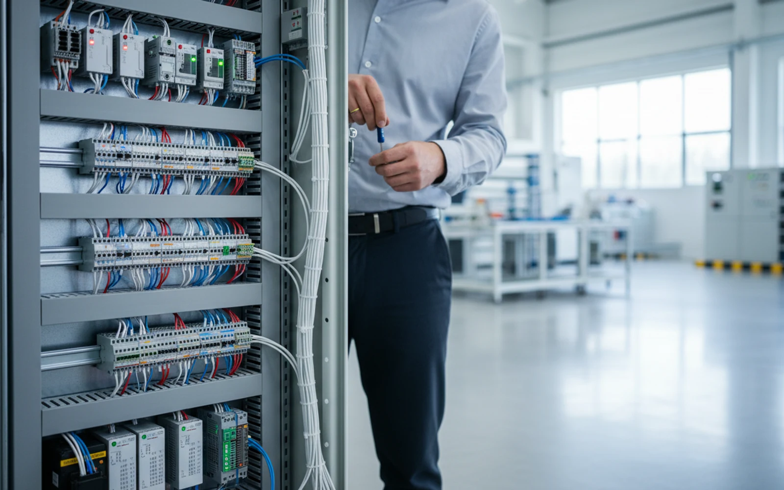 An engineer wiring and checking a modern industrial control cabinet with neat terminal blocks.