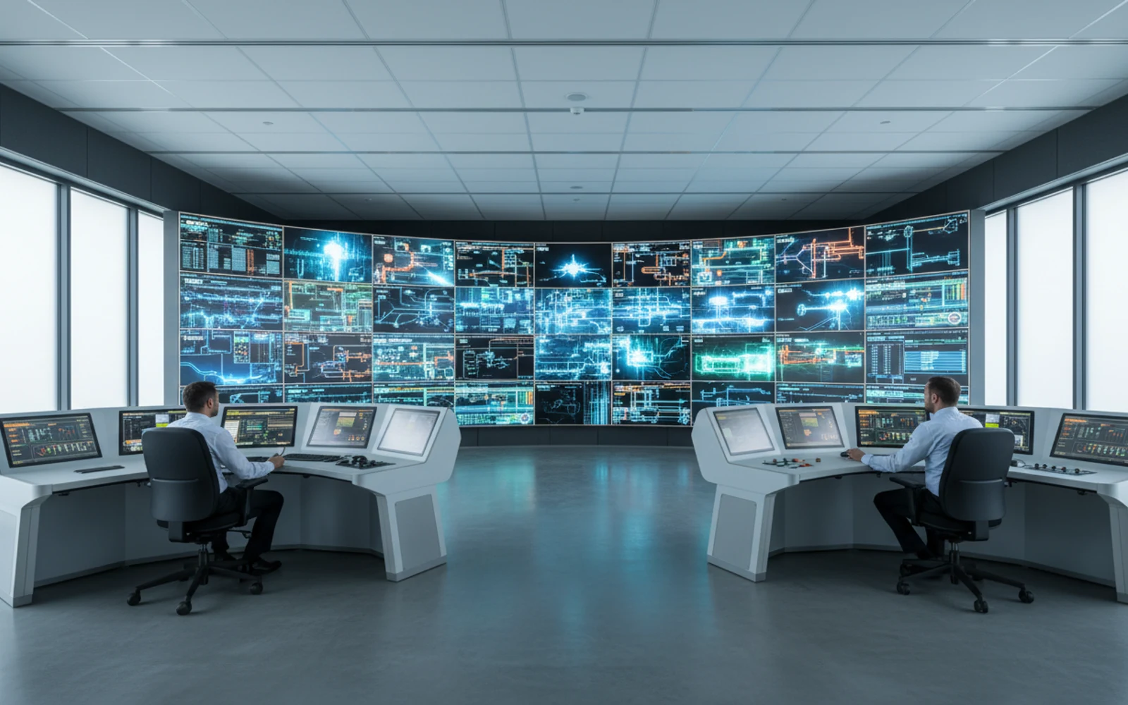 A wide plant control room with a large video wall of process screens and operators at consoles.