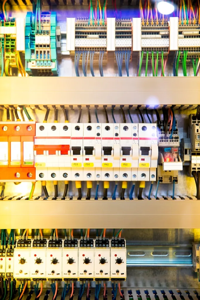 A colourful electrical breaker panel with labelled circuits.