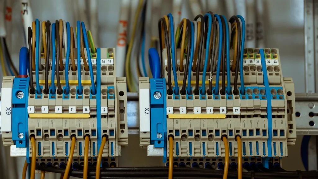Numbered terminal blocks in a control panel with wiring landed on each terminal.