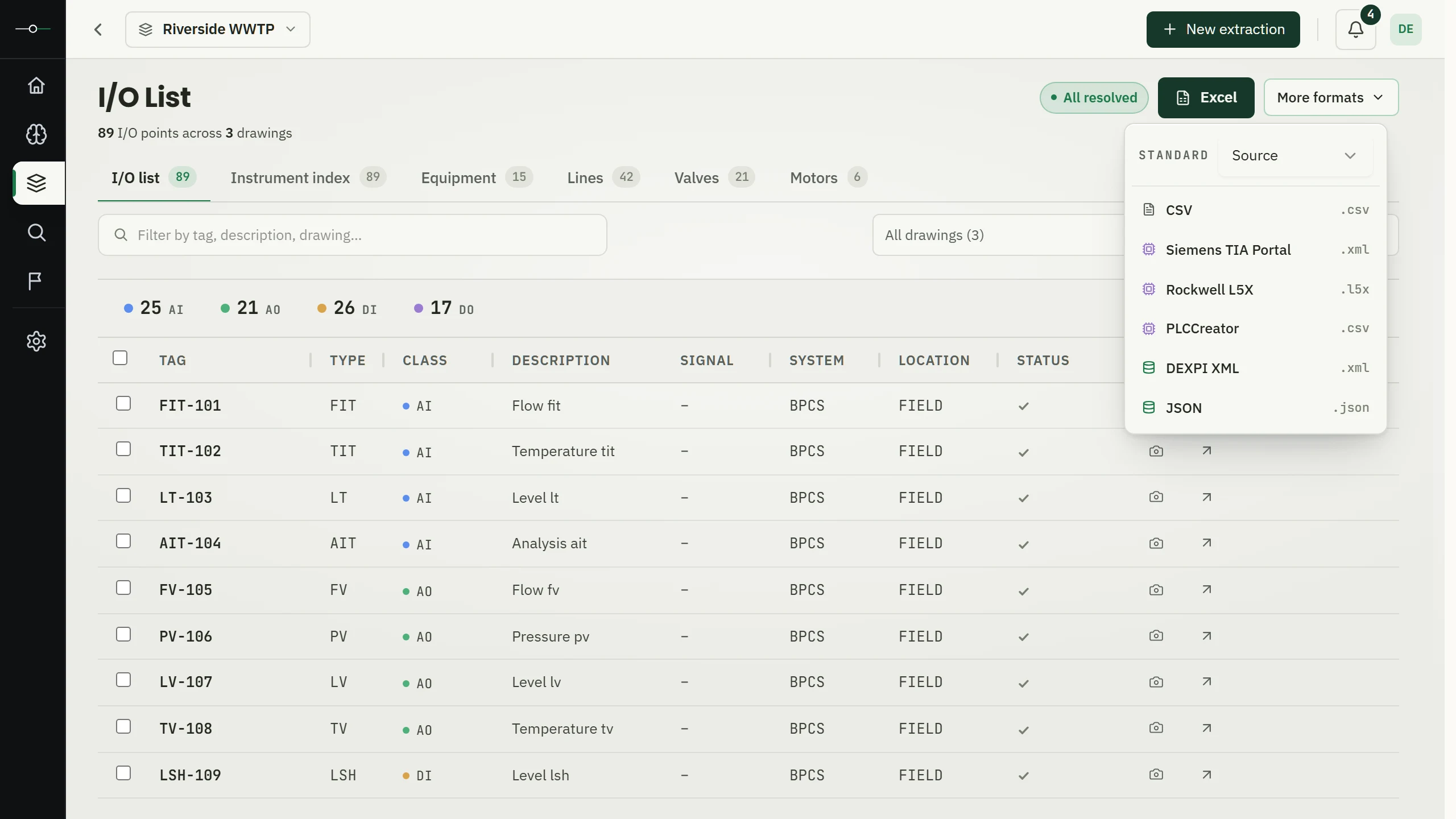 The Tagsight export menu over the I/O list, offering Excel, CSV, control-system and structured-data formats.
