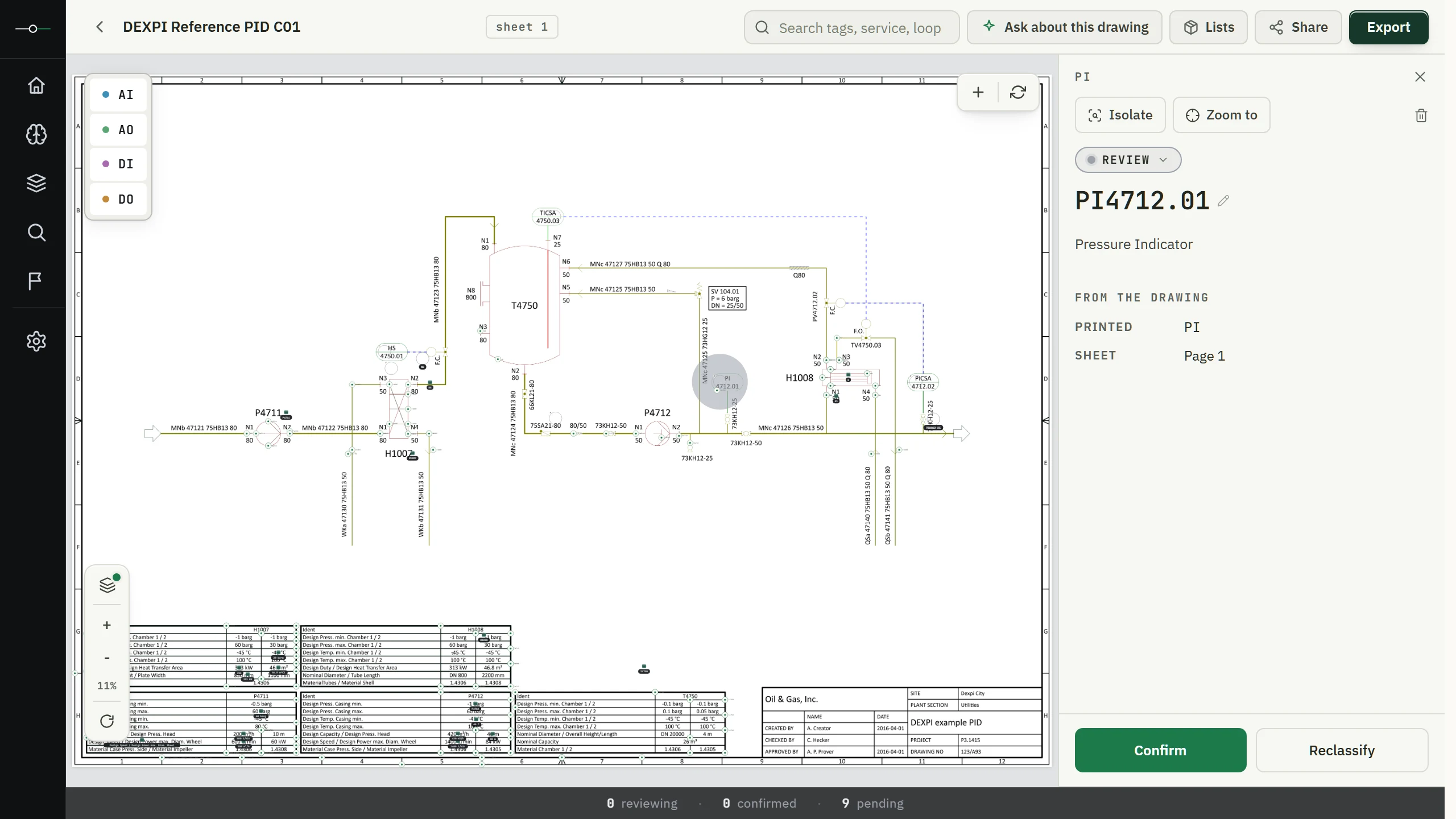 The Tagsight review canvas: a P&ID with detected instrument tags marked on the sheet and the record for PI4712.01 open beside it.