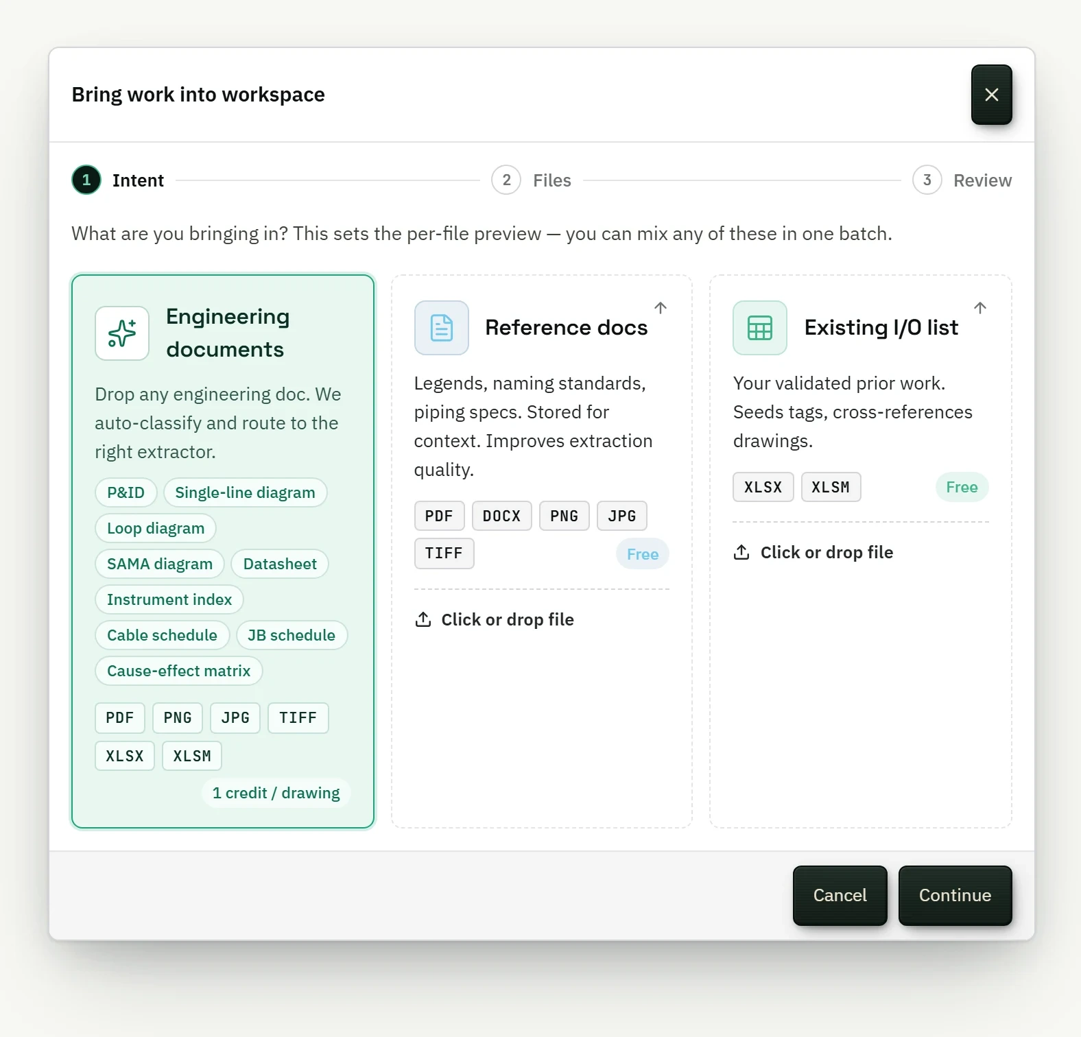 The Tagsight intake dialog, choosing between engineering documents, reference docs, and an existing I/O list.