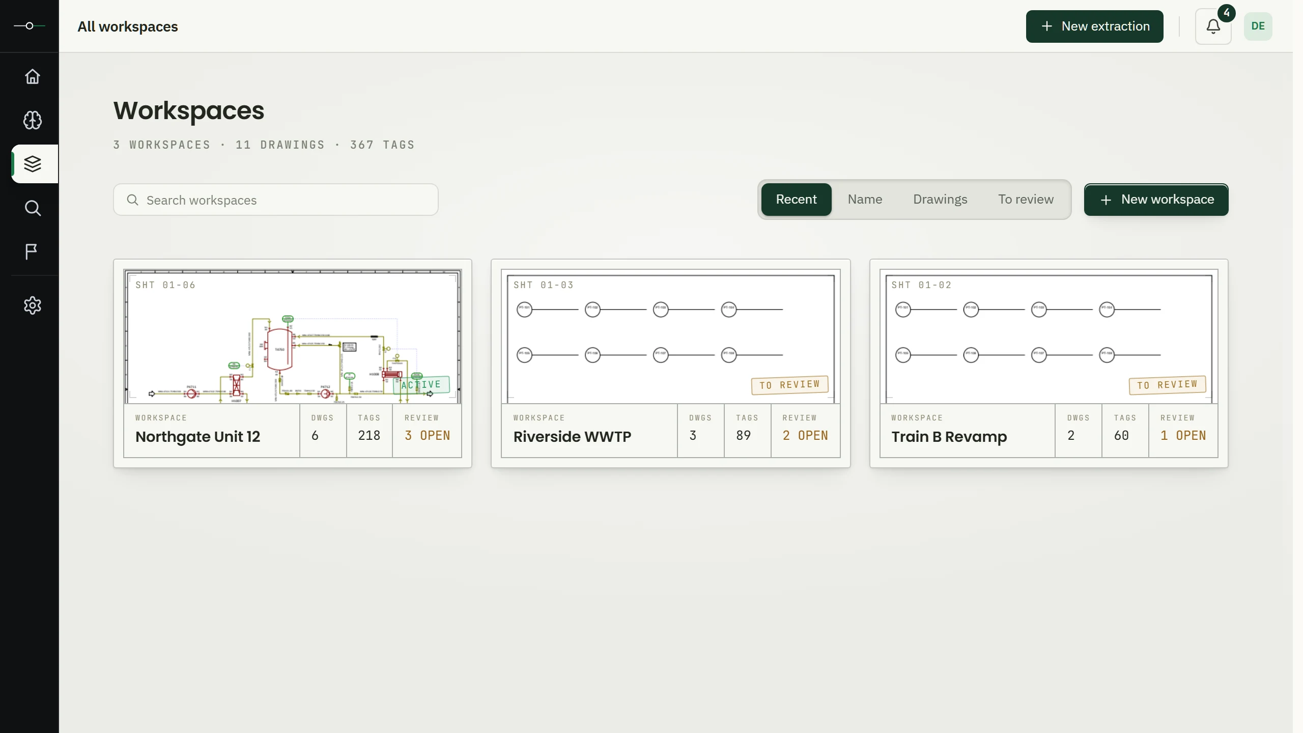 The Tagsight workspaces view with three project workspaces showing drawing thumbnails, tag counts, and open review items.